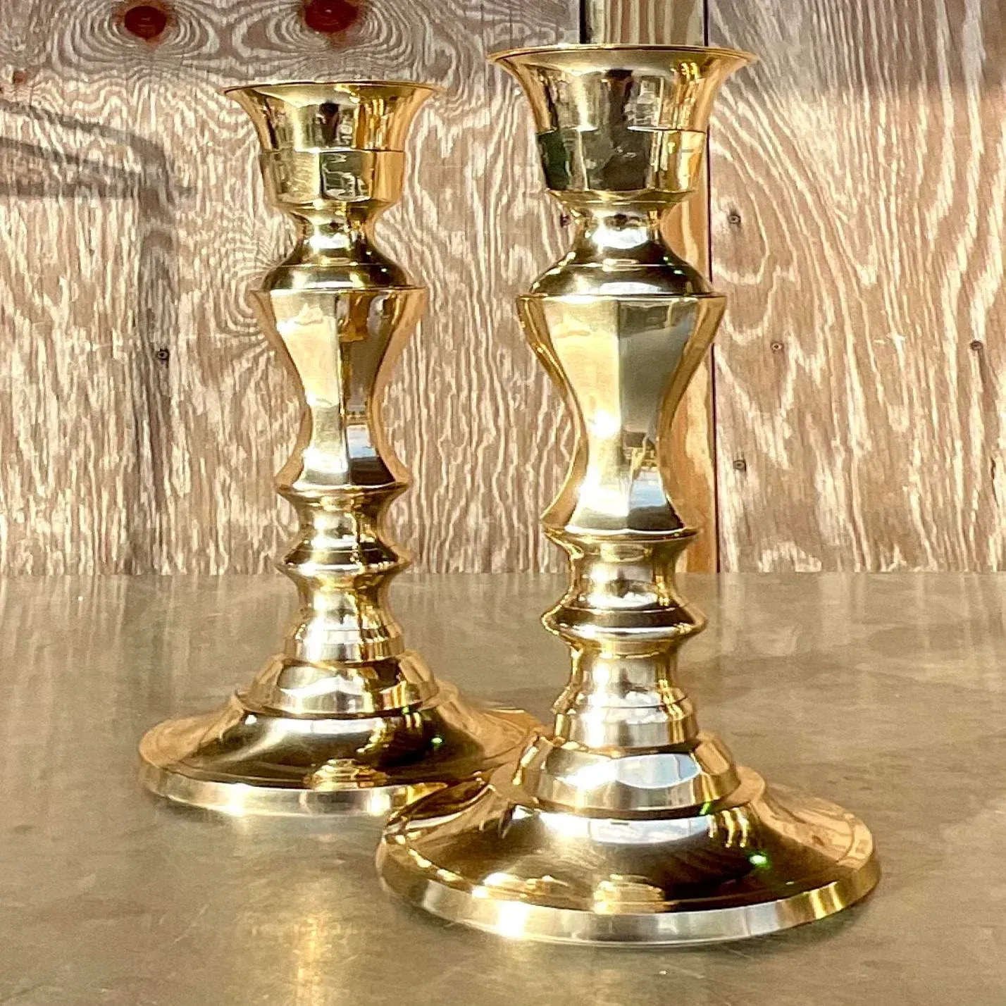Vintage Regency Faceted Polished Brass Candlesticks - a Pair — additional photo 5
