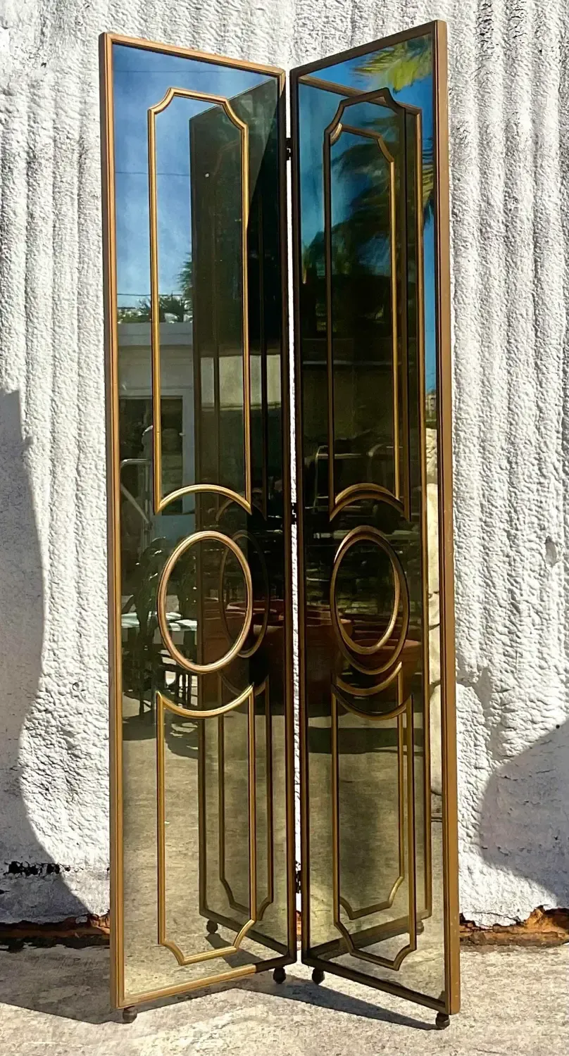 Vintage Regency Gilt Mullion Smoked Mirror Folding Screen — additional photo 2