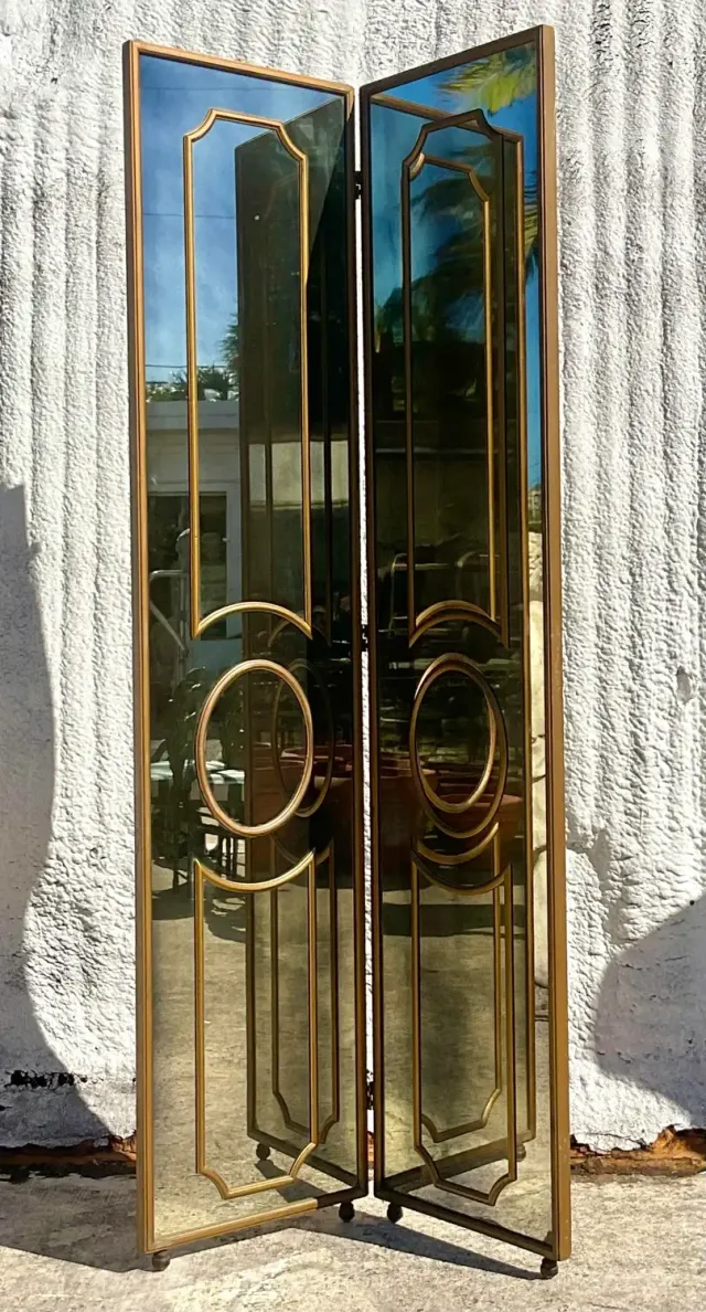 Vintage Regency Gilt Mullion Smoked Mirror Folding Screen — additional photo 2