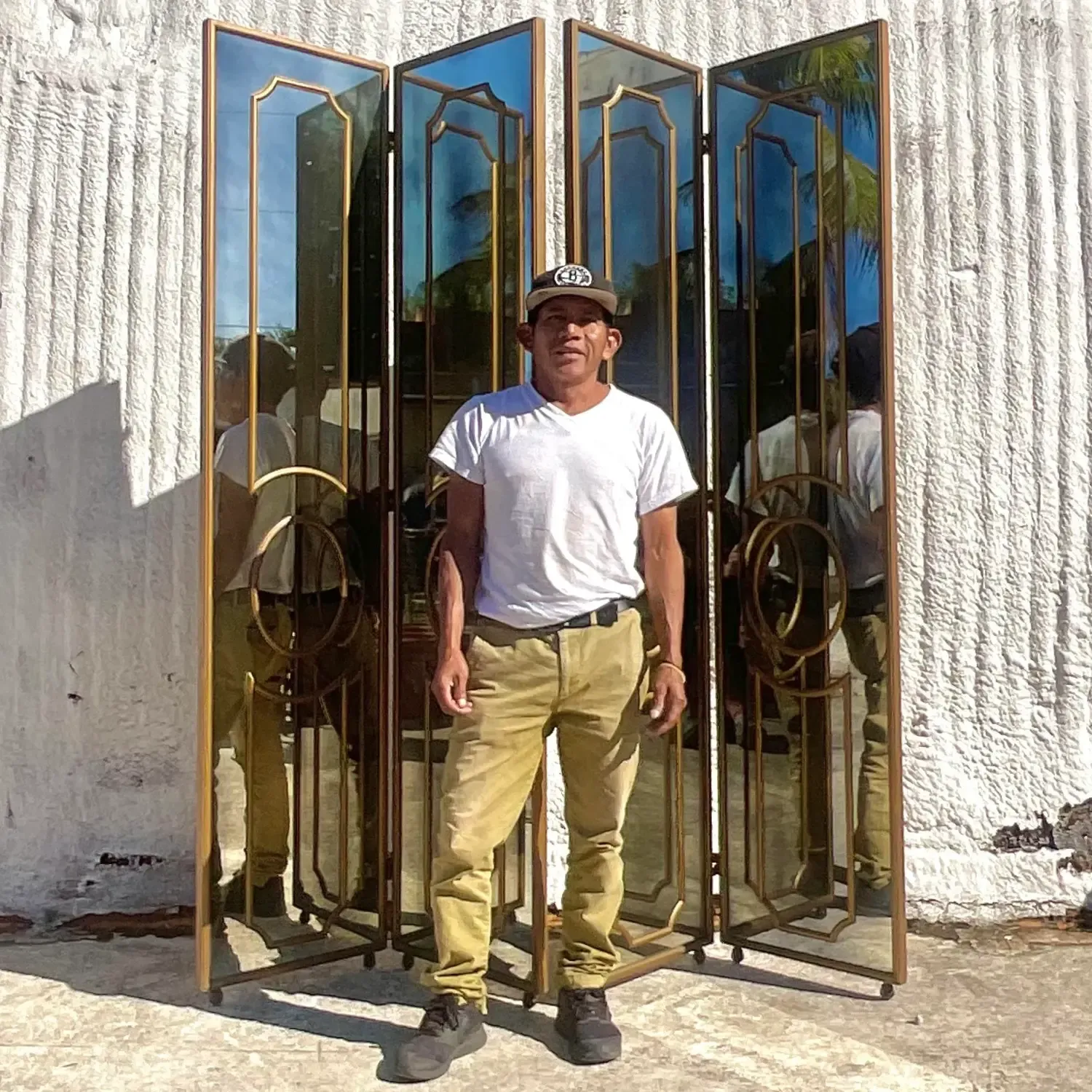 Vintage Regency Gilt Mullion Smoked Mirror Folding Screen — additional photo 7