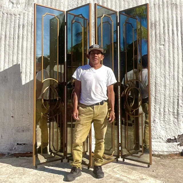 Vintage Regency Gilt Mullion Smoked Mirror Folding Screen — additional photo 7
