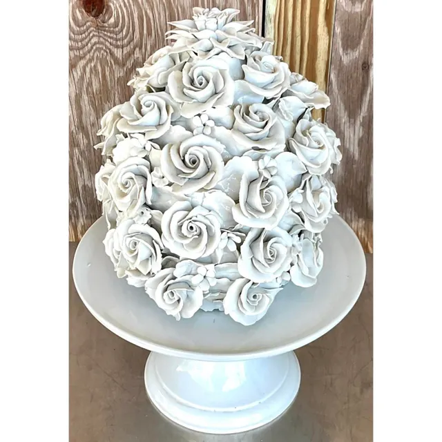 Vintage Regency Glazed Porcelain Rose Cake on Pedestal — additional photo 4