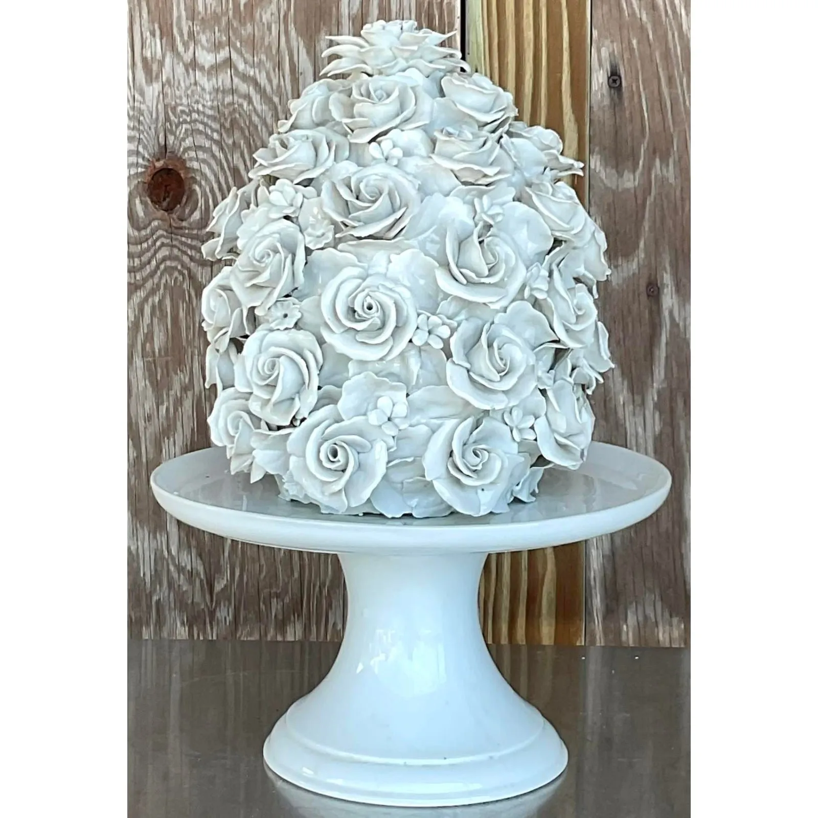 Vintage Regency Glazed Porcelain Rose Cake on Pedestal — additional photo 5