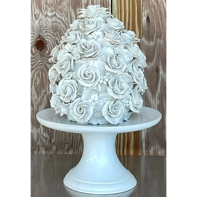 Vintage Regency Glazed Porcelain Rose Cake on Pedestal — additional photo 5