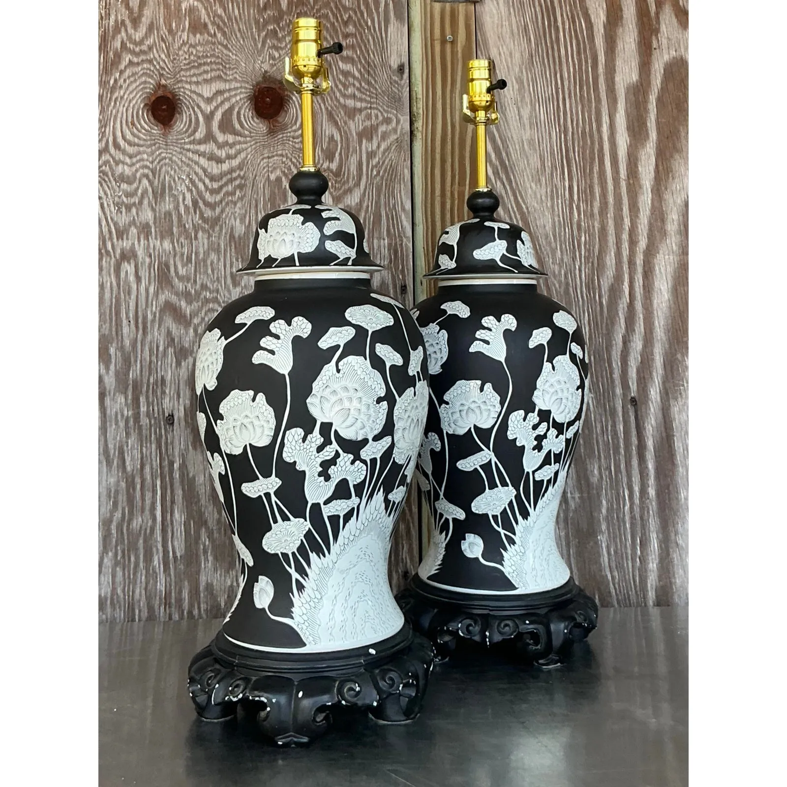 Vintage Regency Graphic Floral Ginger Jar Lamps - A Pair