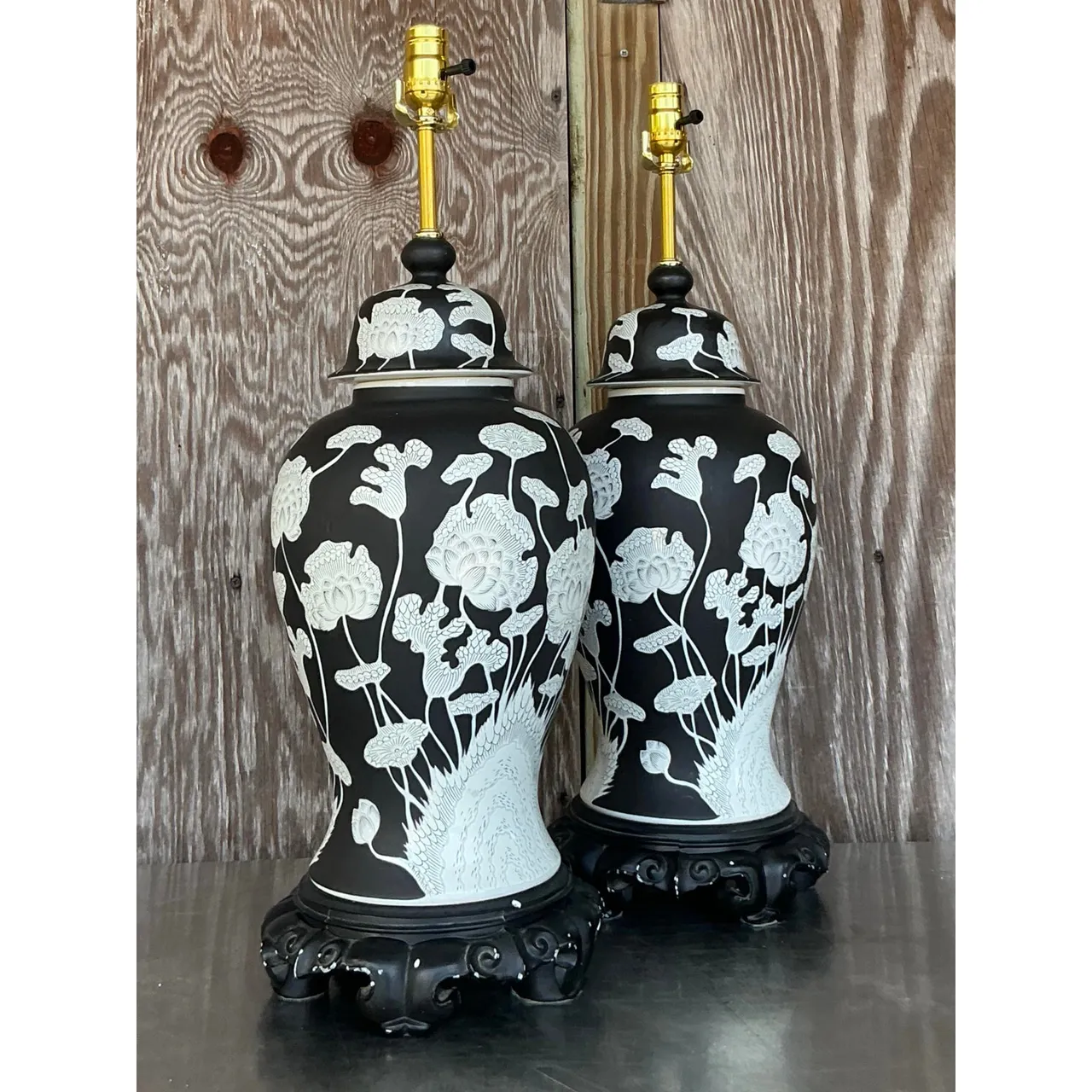 Vintage Regency Graphic Floral Ginger Jar Lamps - A Pair