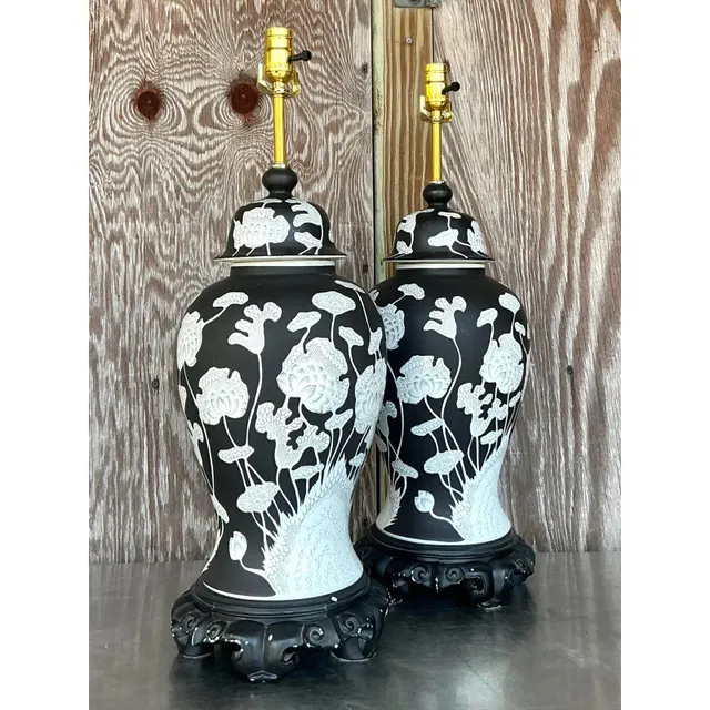 Vintage Regency Graphic Floral Ginger Jar Lamps - A Pair — additional photo 1