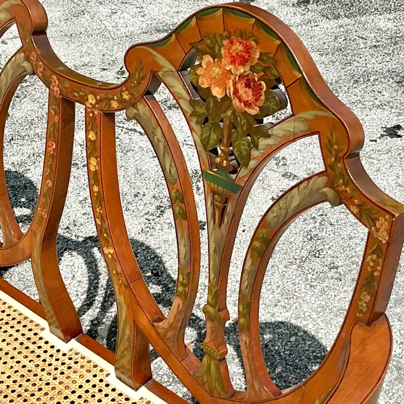 Vintage Regency Hand Painted Sheraton Satinwood Cane Bench — additional photo 1