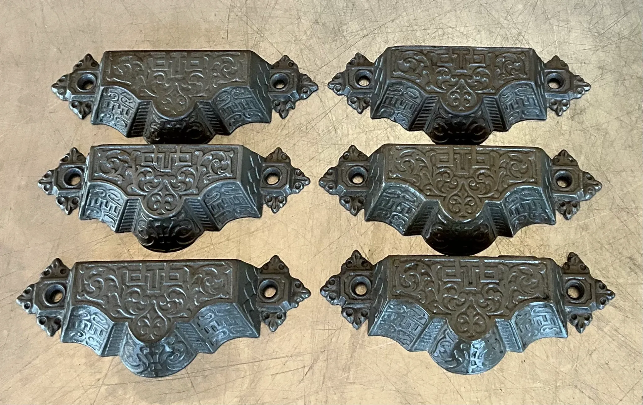 Vintage Regency Large Cast Iron Drawer Pull - Set of 6
