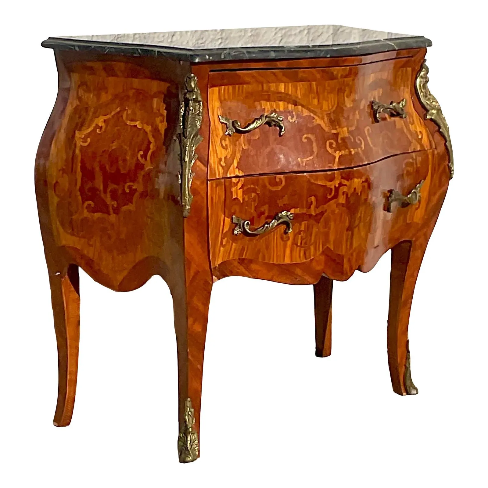 Vintage Regency Marble Top Marquetry Bombe Chest