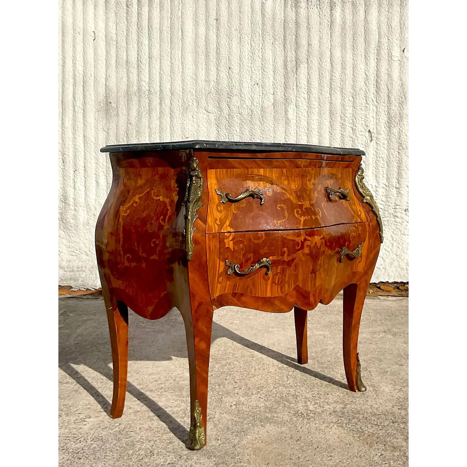 Vintage Regency Marble Top Marquetry Bombe Chest — additional photo 2