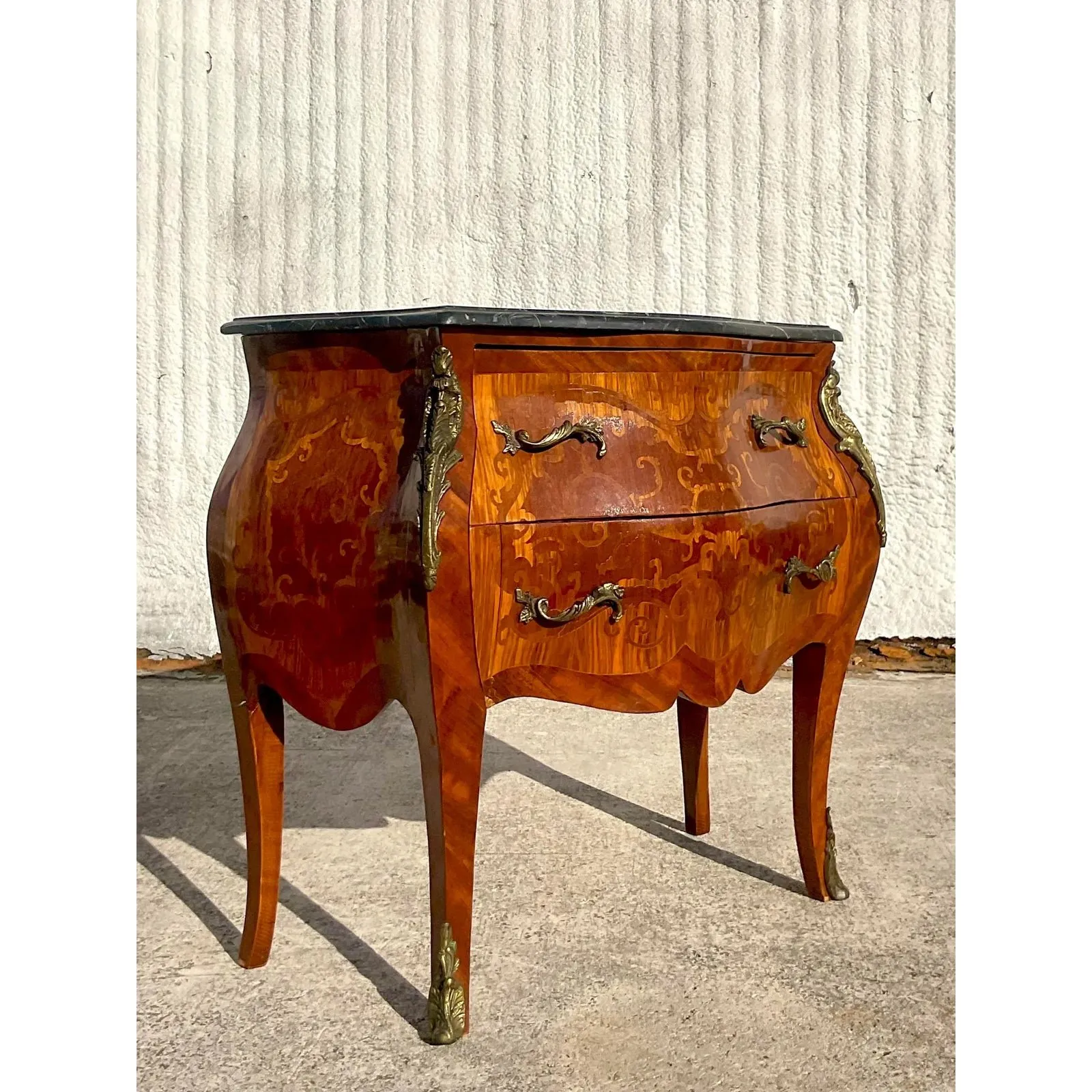 Vintage Regency Marble Top Marquetry Bombe Chest — additional photo 3