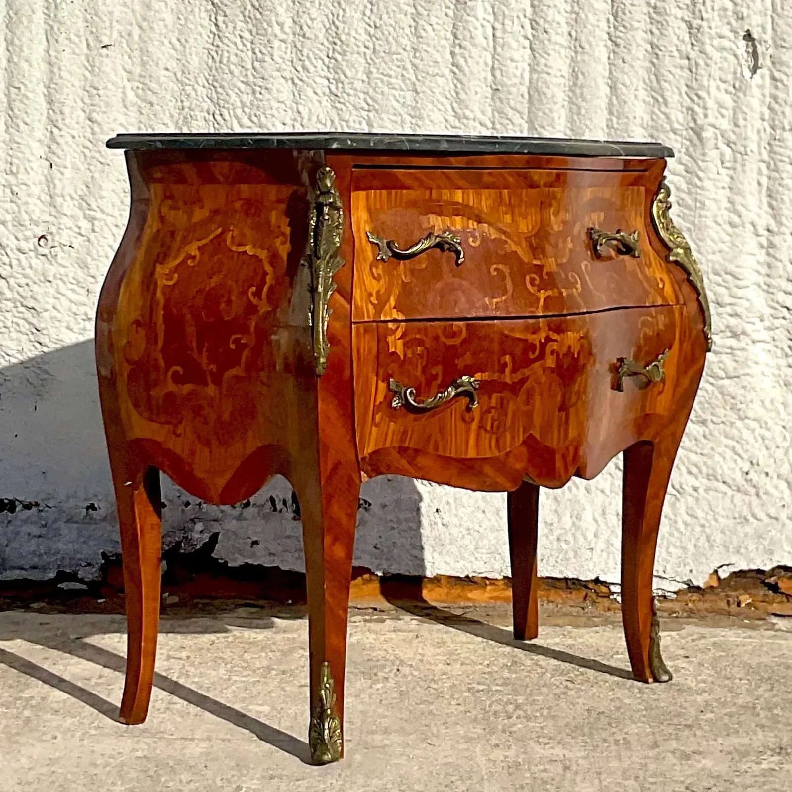 Vintage Regency Marble Top Marquetry Bombe Chest — additional photo 4