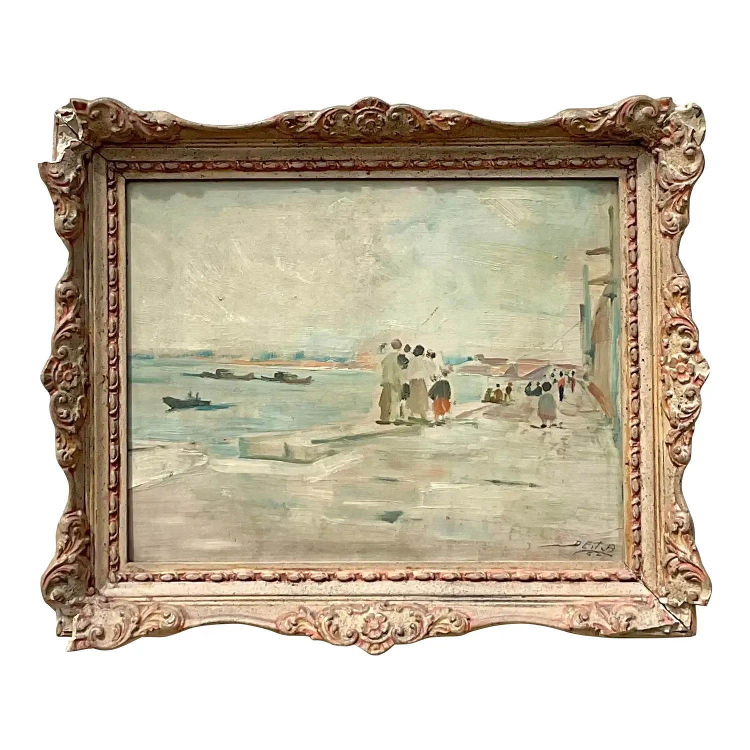 Vintage Regency Original Figurative Seascape Oil Painting on Board — additional photo 1
