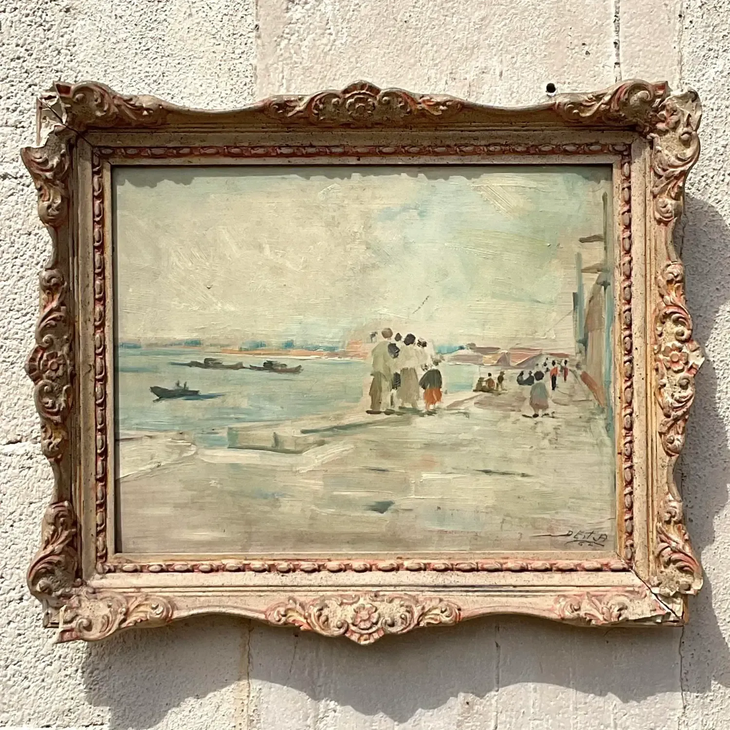 Vintage Regency Original Figurative Seascape Oil Painting on Board — additional photo 2