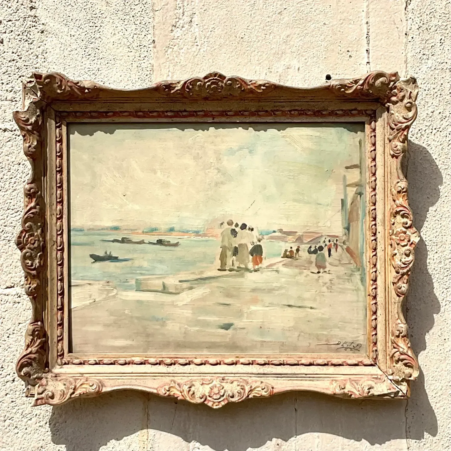 Vintage Regency Original Figurative Seascape Oil Painting on Board — additional photo 4