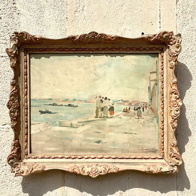 Vintage Regency Original Figurative Seascape Oil Painting on Board — additional photo 4
