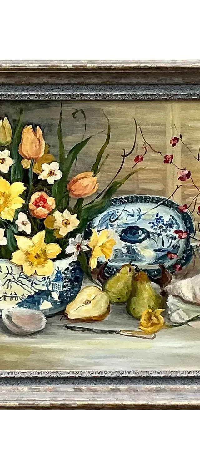 Vintage Regency Original Floral Still Life Painting on Canvas