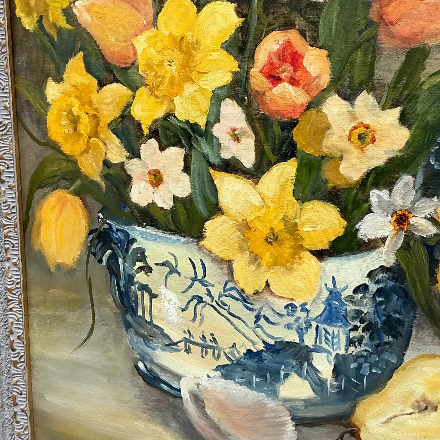 Vintage Regency Original Floral Still Life Painting on Canvas — additional photo 3