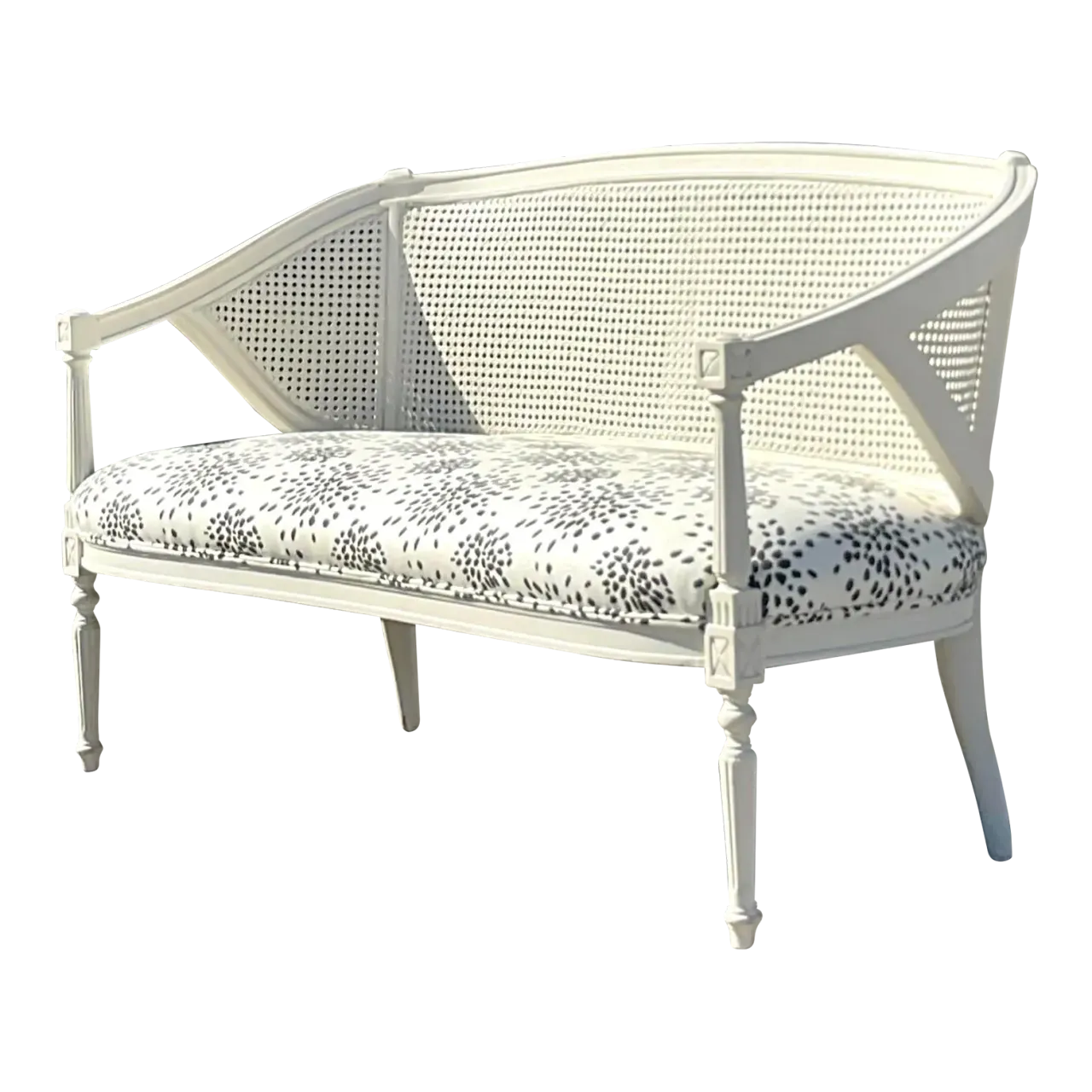 Vintage Regency Painted Cane Settee With Albert Hadley’s “Fireworks”