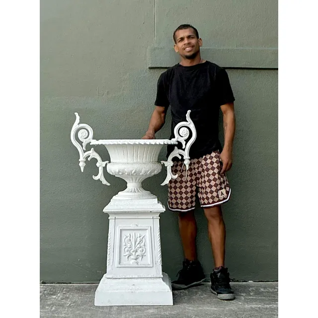 Vintage Regency Painted Wrought Iron Urn on Pedestal — additional photo 2