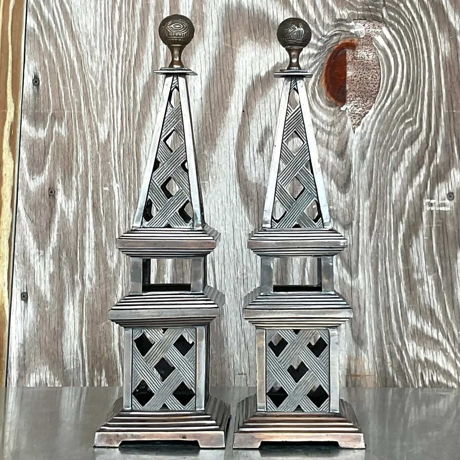 Vintage Regency Patinated Metal Obelisks - a Pair - Metal, 5W x 17.25H