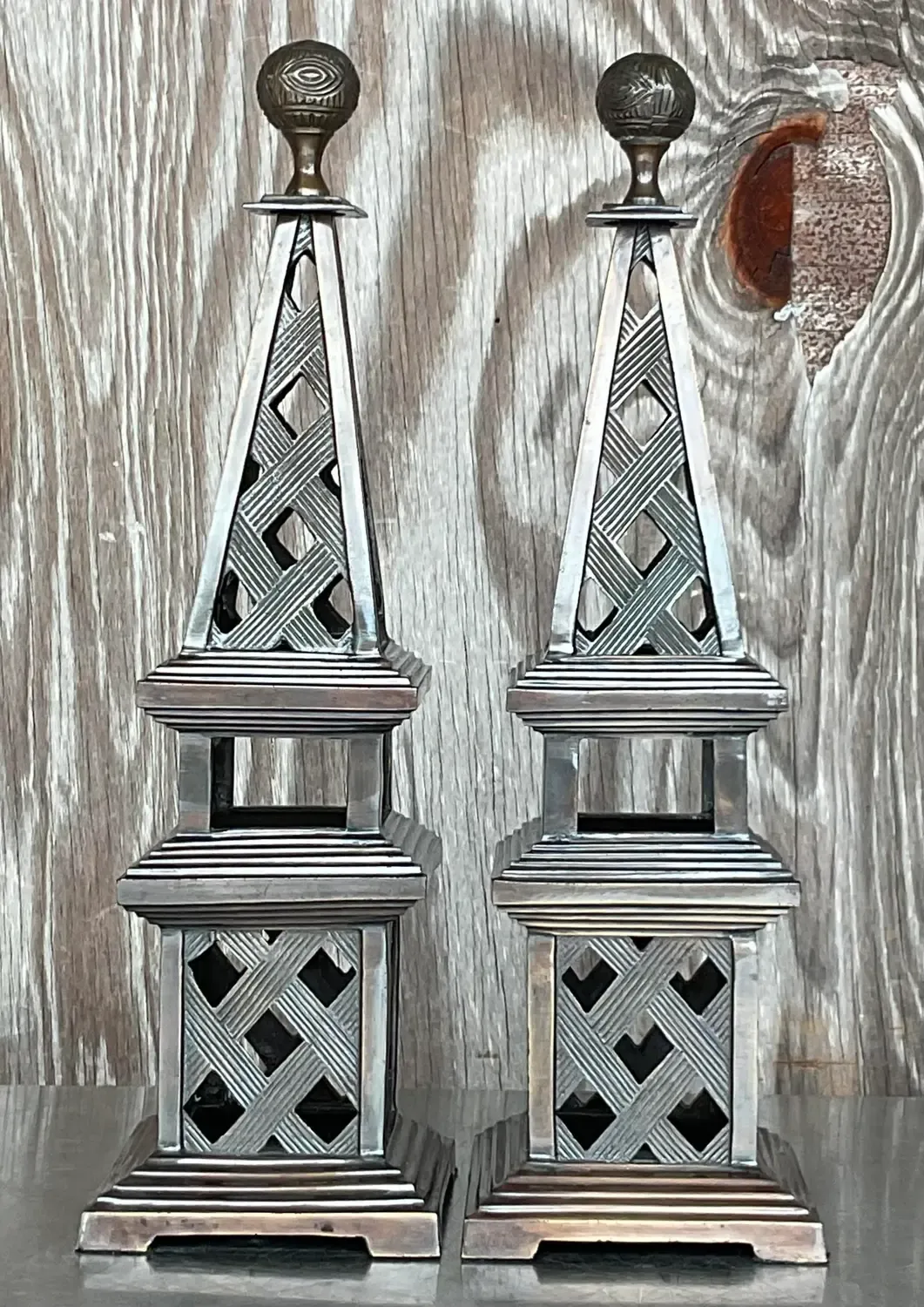 Vintage Regency Patinated Metal Obelisks - a Pair - Metal, 5W x 17.25H — additional photo 2