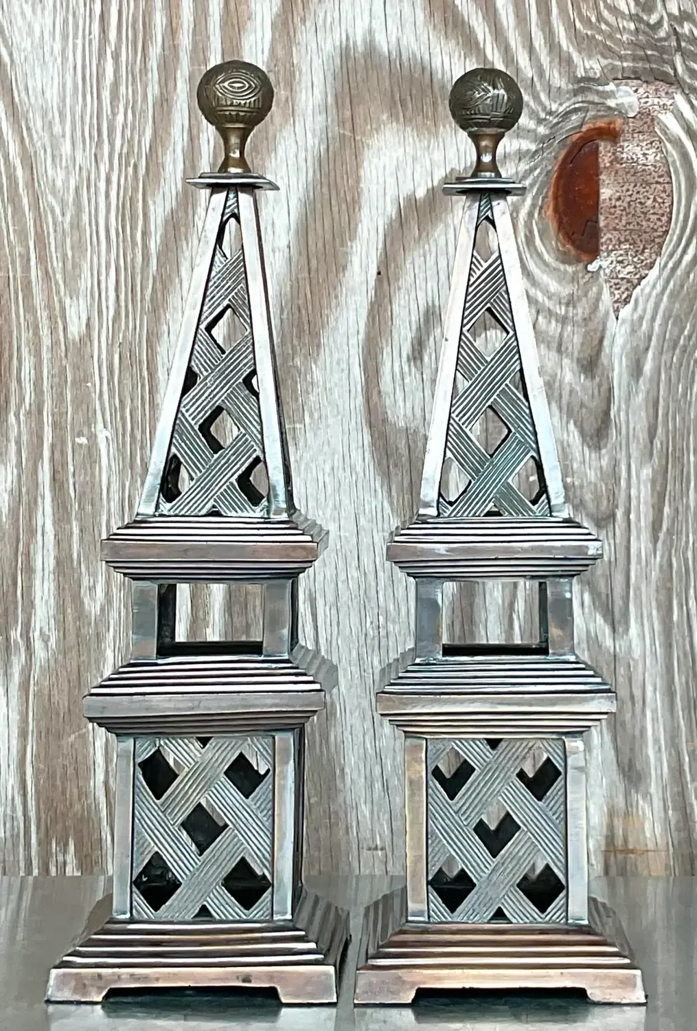 Vintage Regency Patinated Metal Obelisks - a Pair - Metal, 5W x 17.25H — additional photo 3