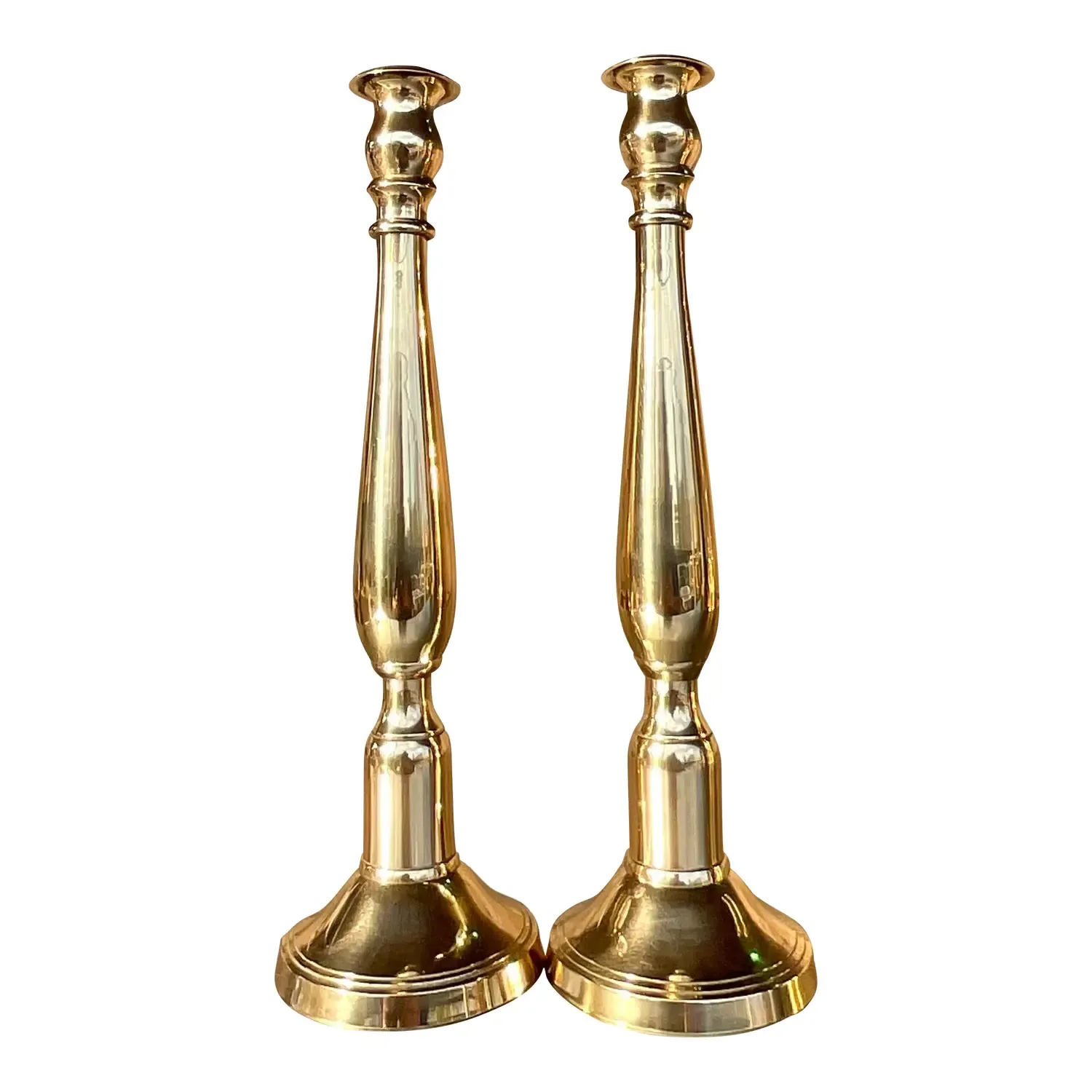 Vintage Regency Polished Brass Candlesticks - a Pair