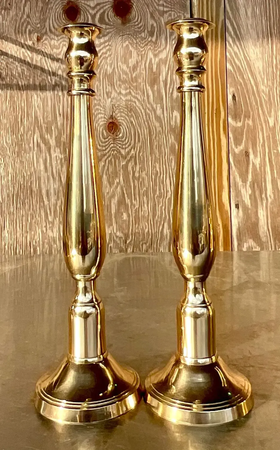 Vintage Regency Polished Brass Candlesticks - a Pair — additional photo 4