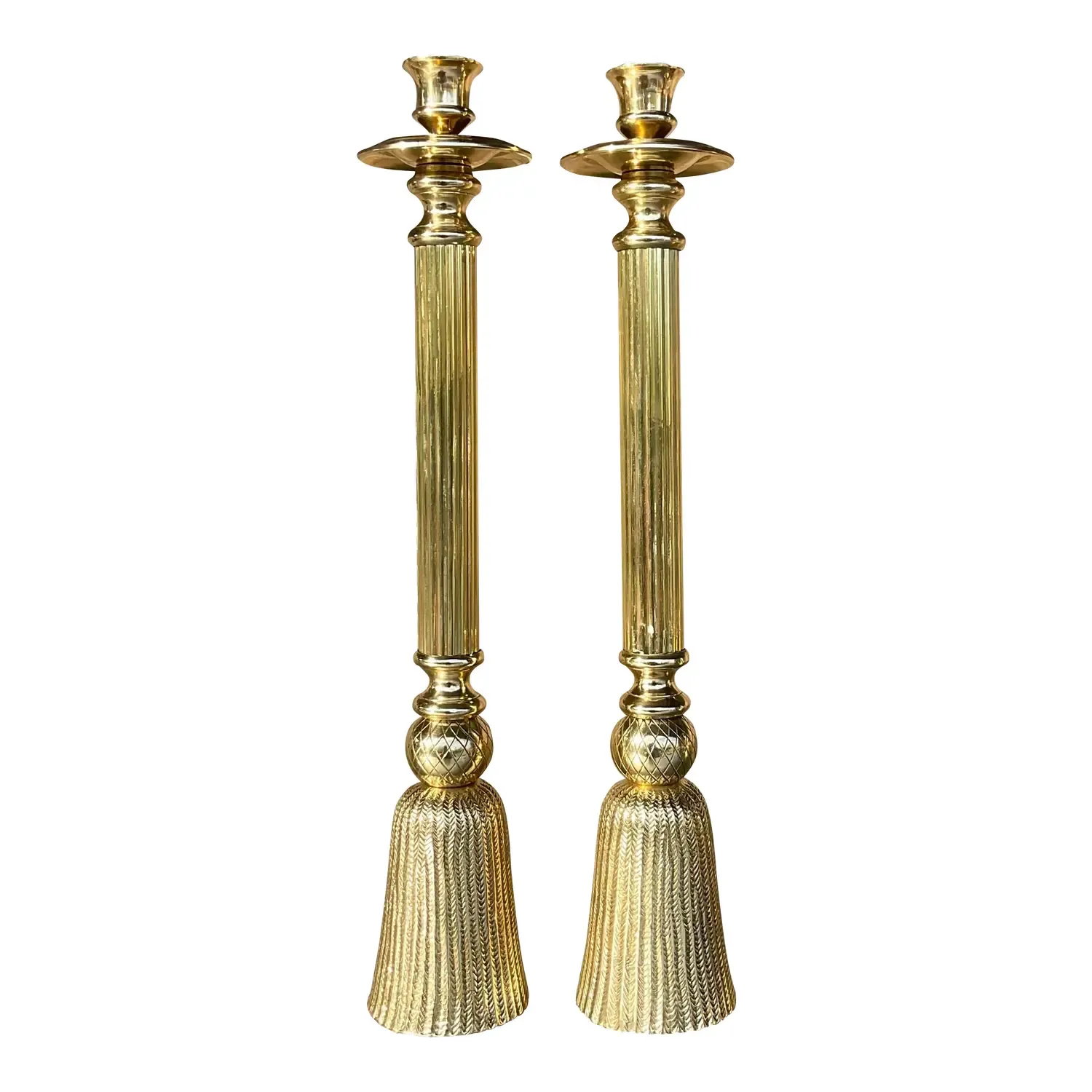Vintage Regency Polished Brass Tassel Candlesticks - a Pair