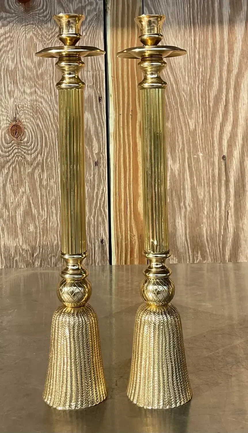 Vintage Regency Polished Brass Tassel Candlesticks - a Pair — additional photo 2