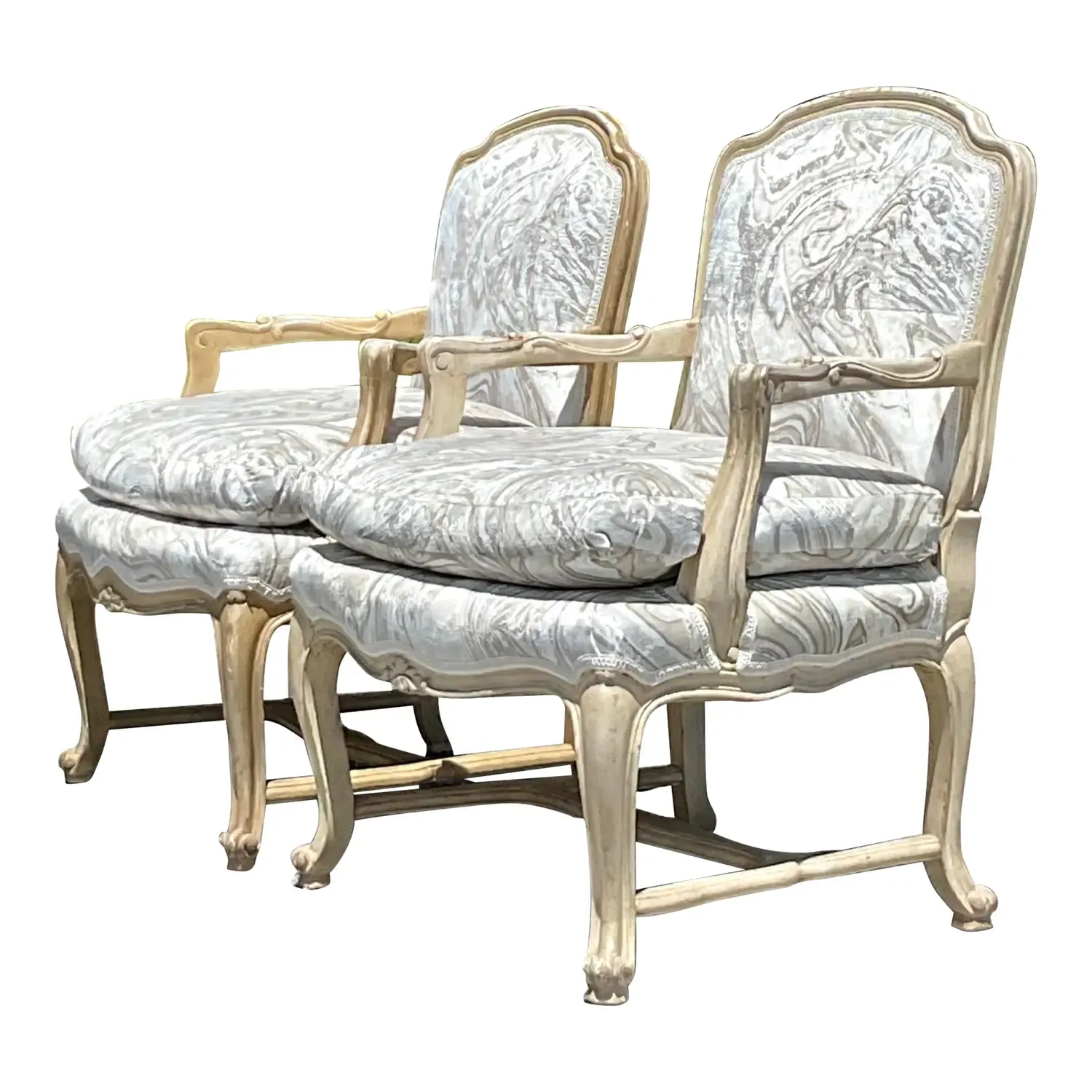 Vintage Regency Printed Swirl Bergere Chairs - a Pair
