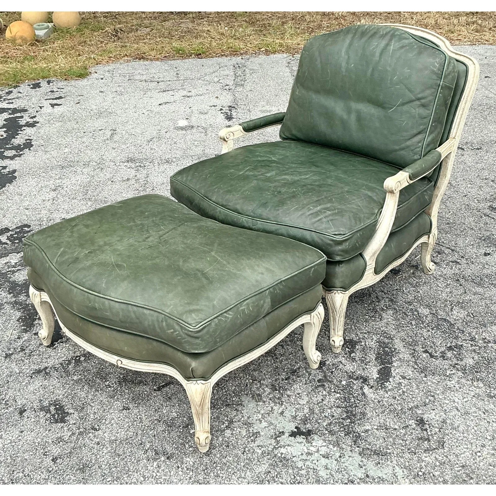 Vintage Regency Provincial Green Leather Lounge Chair and Ottoman — additional photo 2