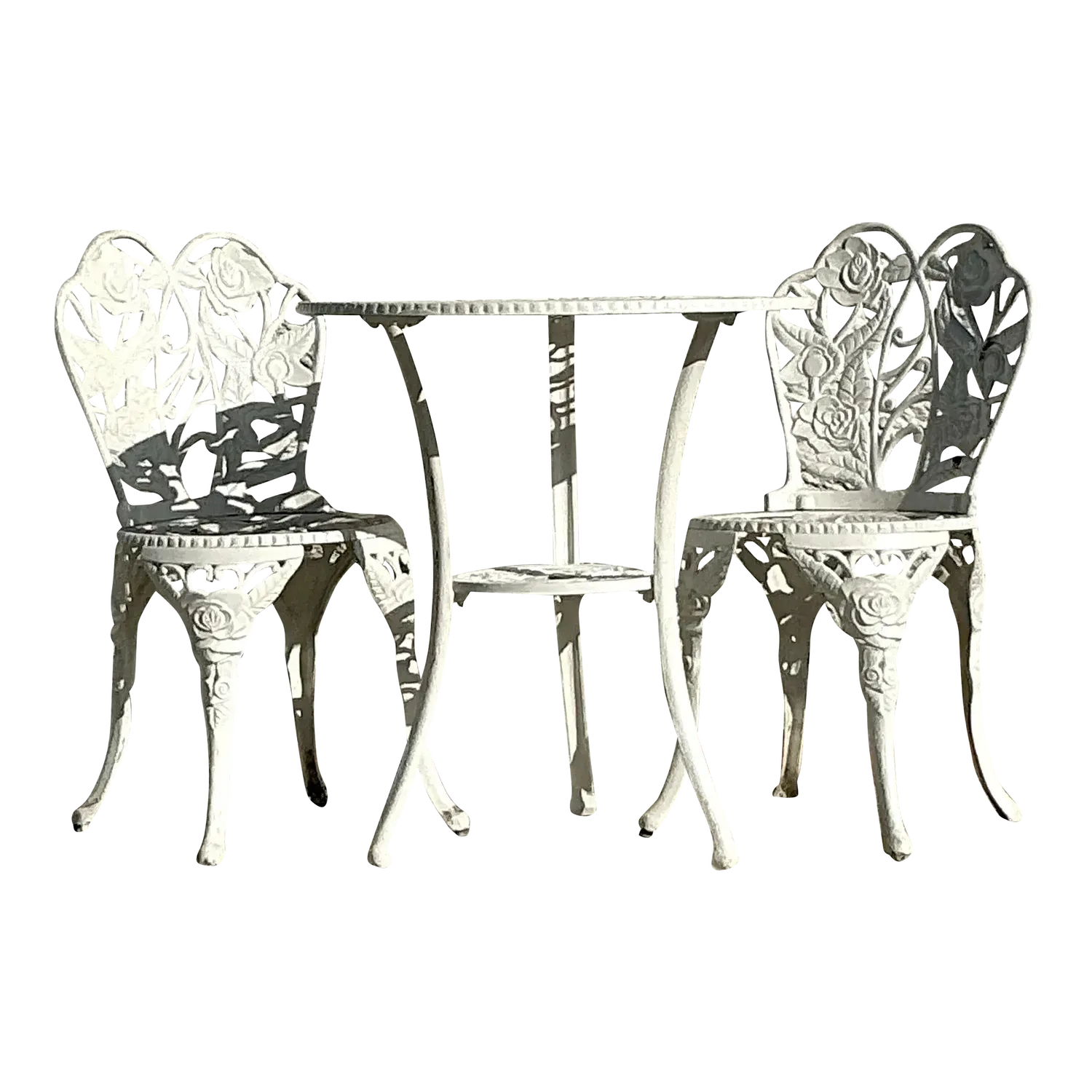Vintage Regency Rose Garden Wrought Iron Table and Two Chairs - Set of 3