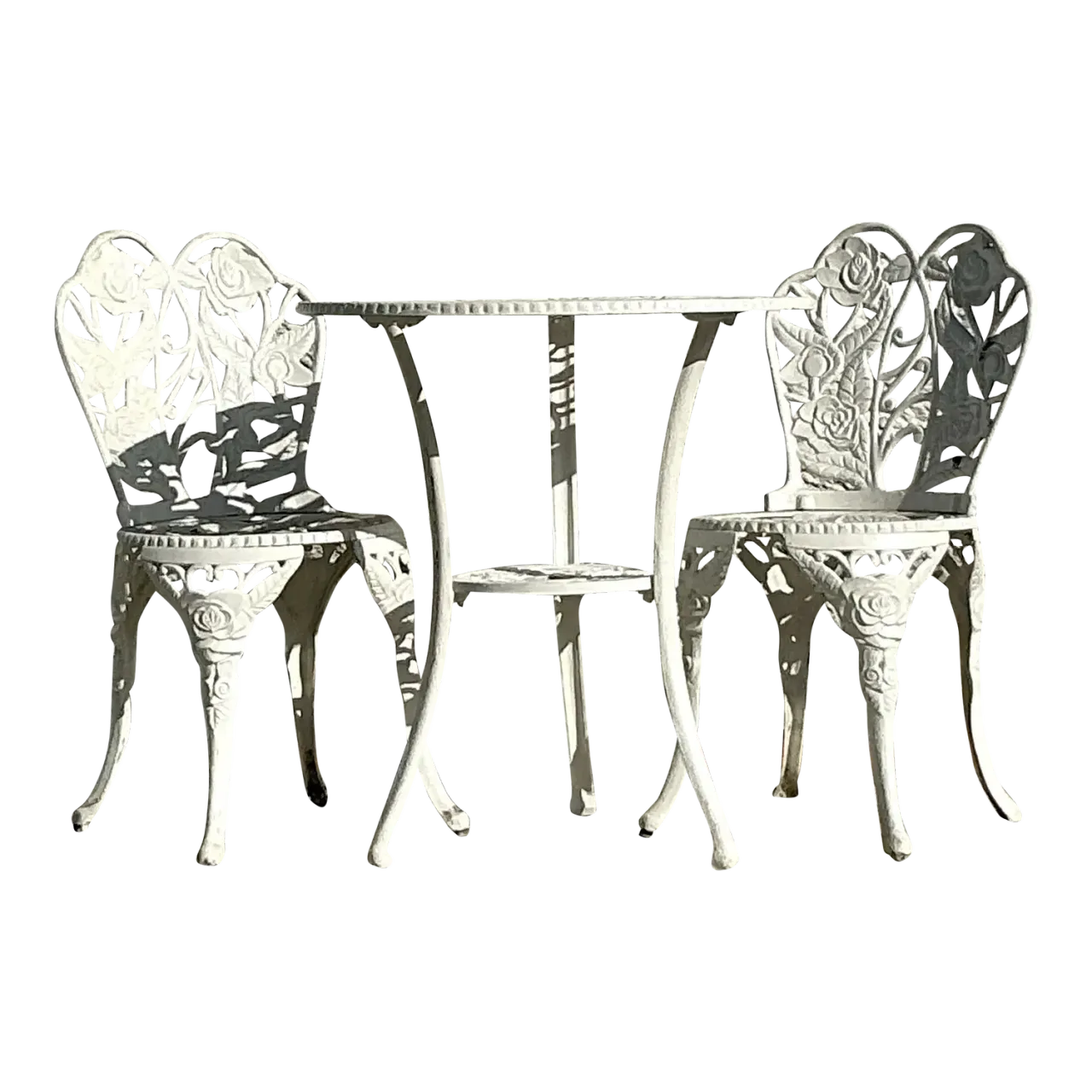 Vintage Regency Rose Garden Wrought Iron Table and Two Chairs - Set of 3
