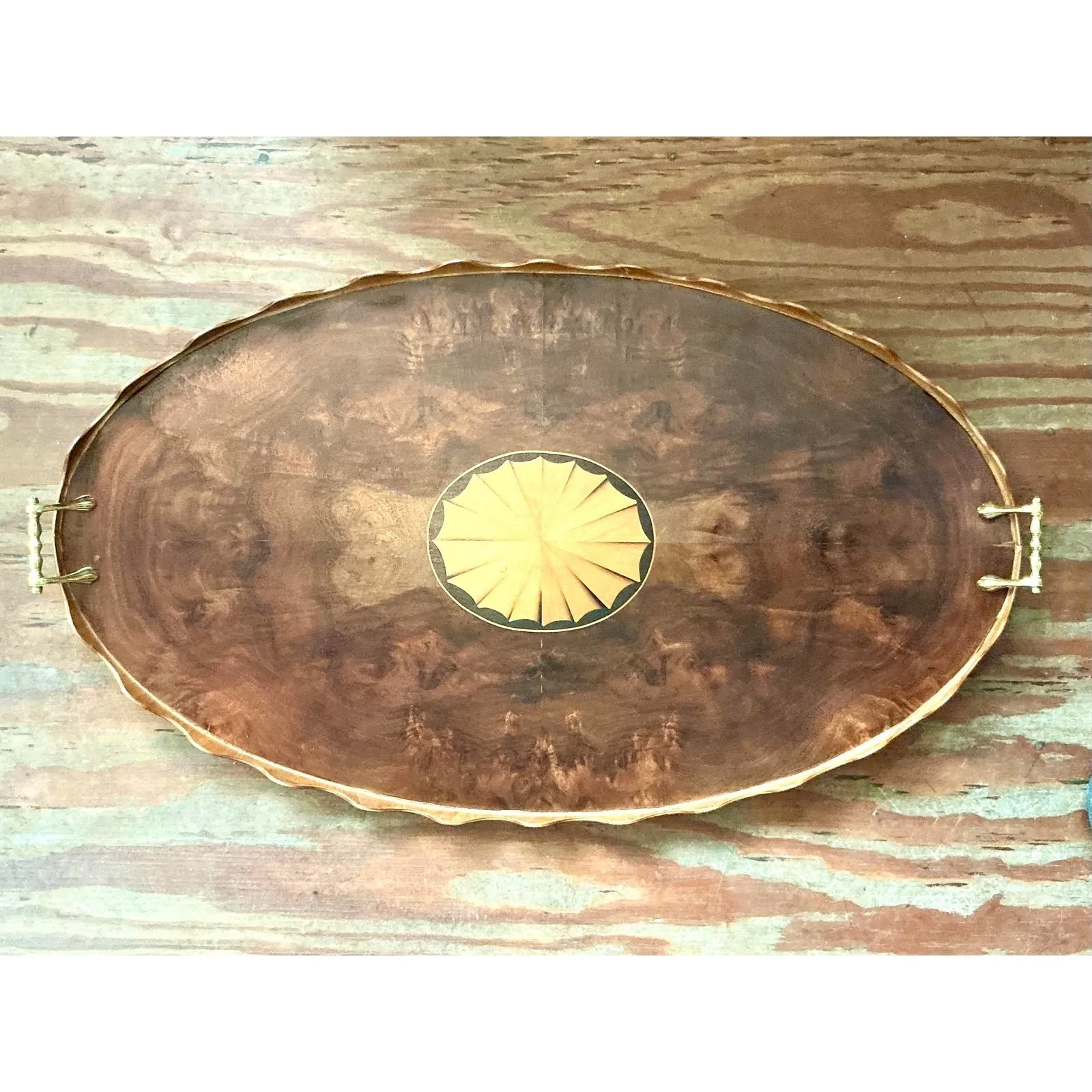 Vintage Regency Scalloped Marquetry Tray — additional photo 1