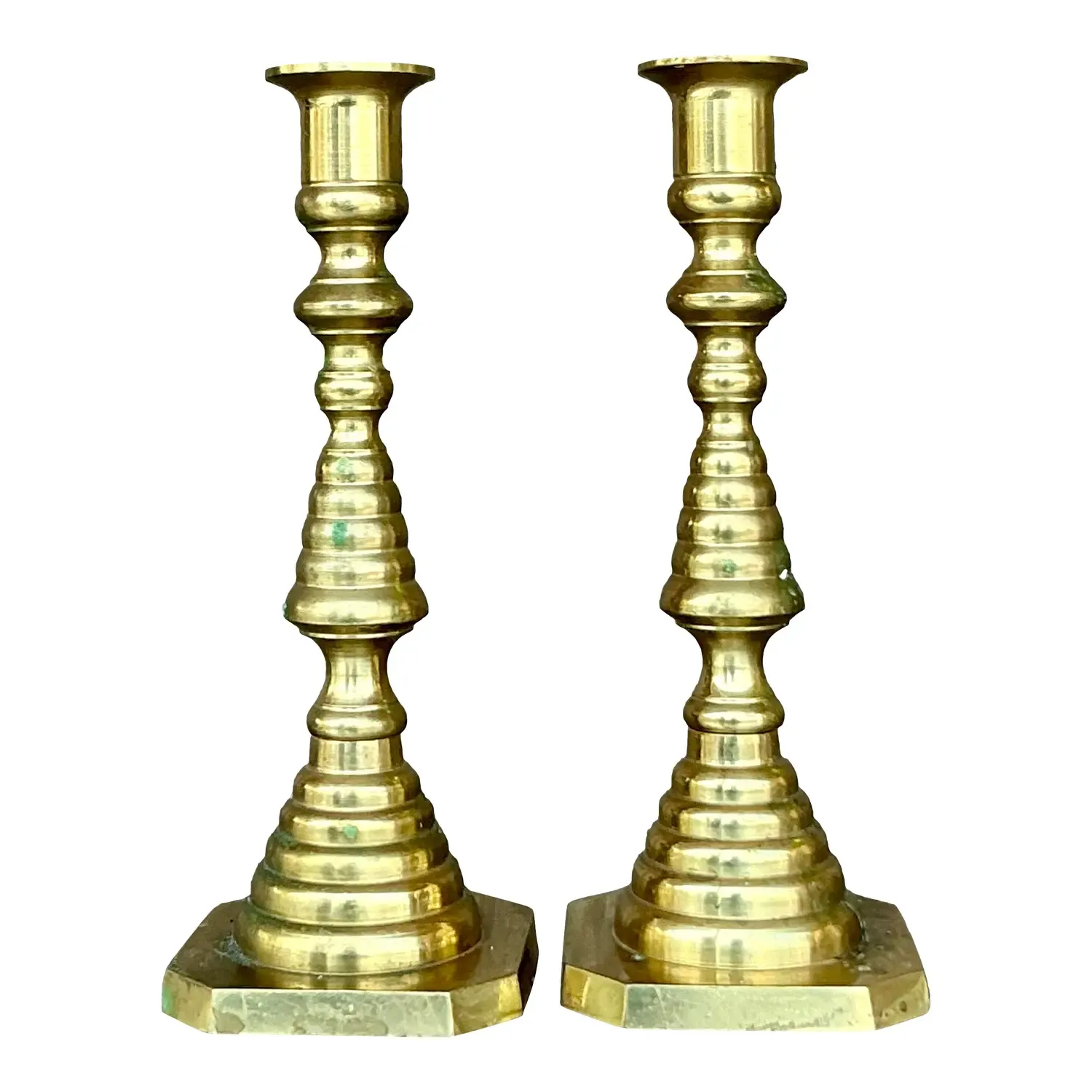 Vintage Regency Stacked Brass Candlesticks - A Pair