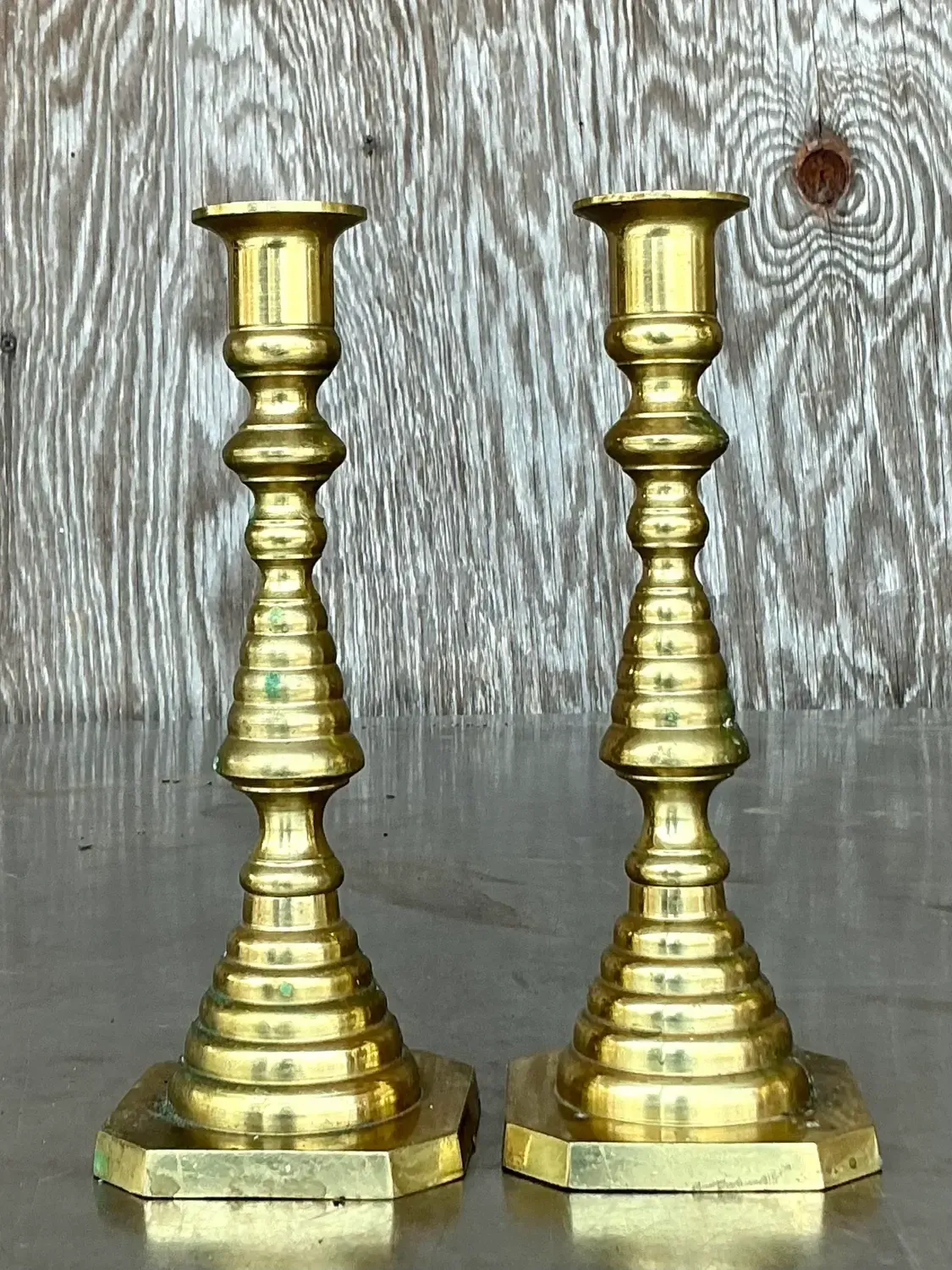 Vintage Regency Stacked Brass Candlesticks - A Pair — additional photo 3