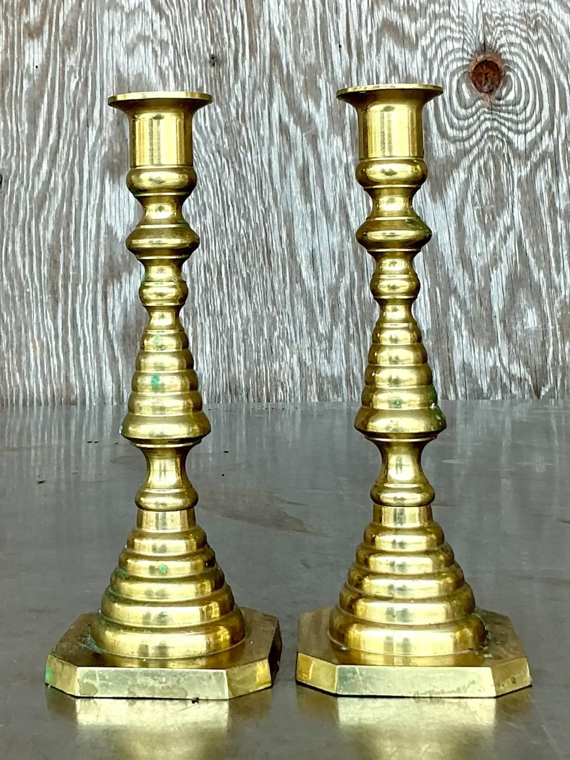 Vintage Regency Stacked Brass Candlesticks - A Pair — additional photo 4