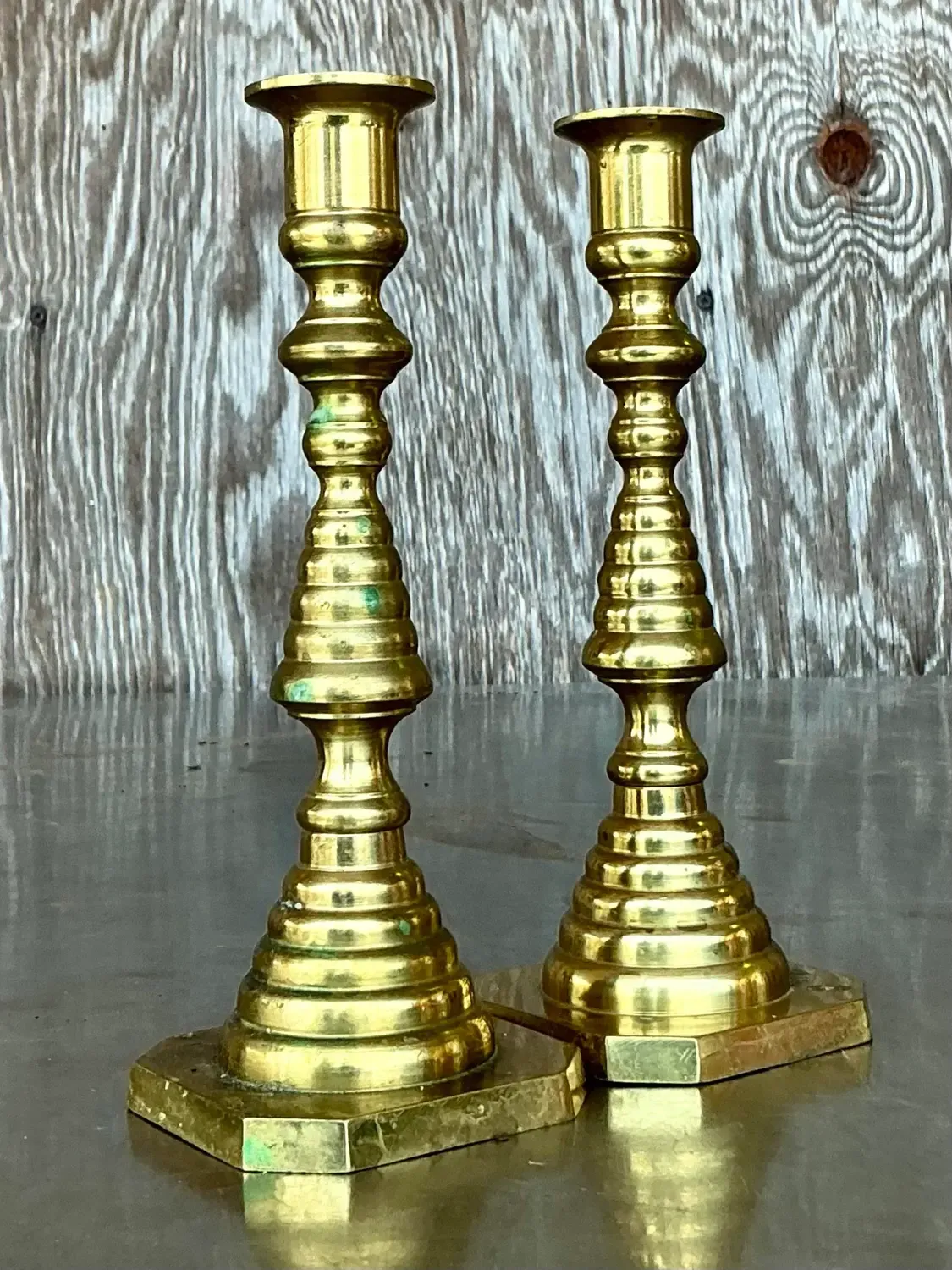 Vintage Regency Stacked Brass Candlesticks - A Pair — additional photo 7