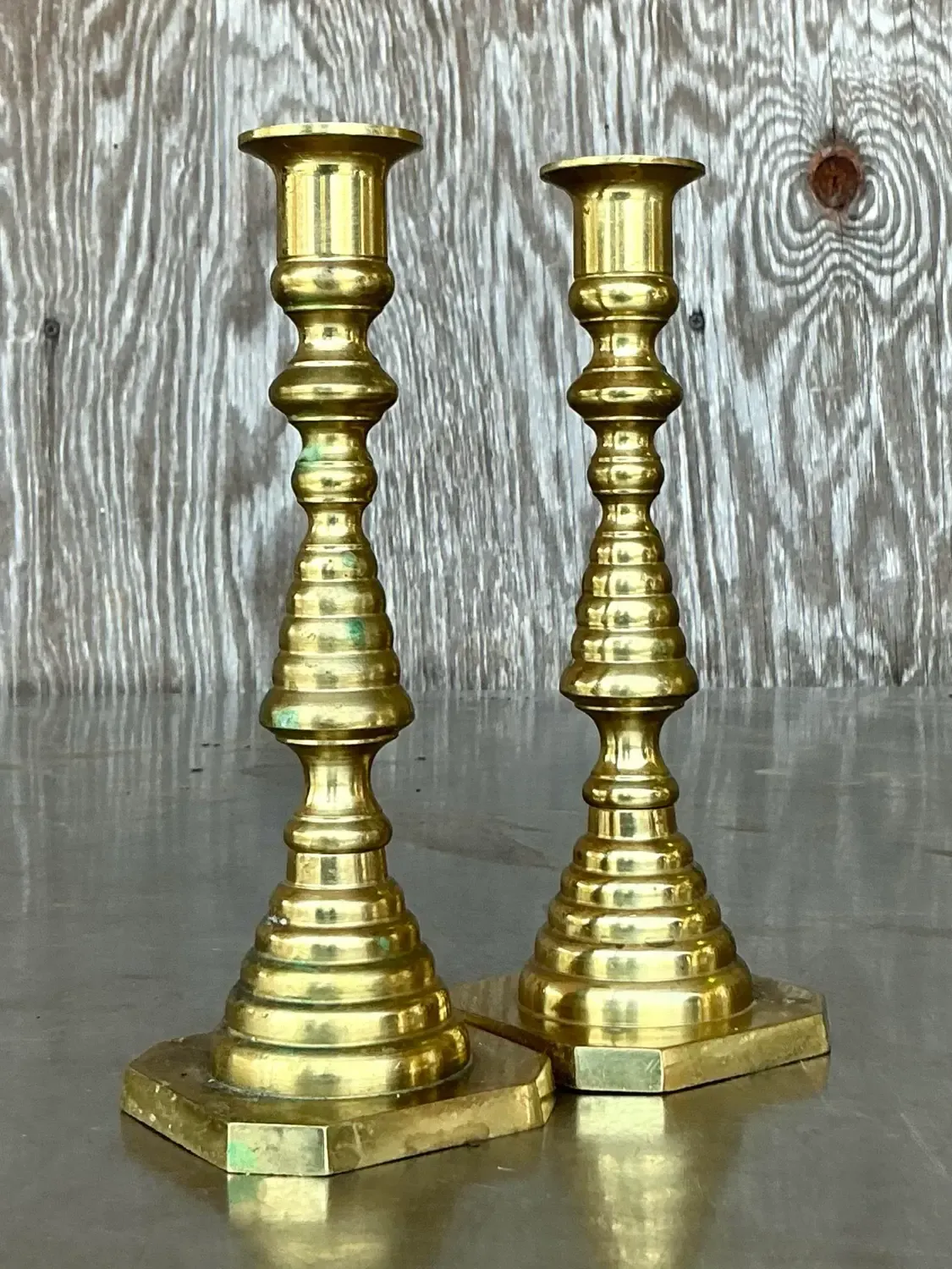 Vintage Regency Stacked Brass Candlesticks - A Pair — additional photo 8