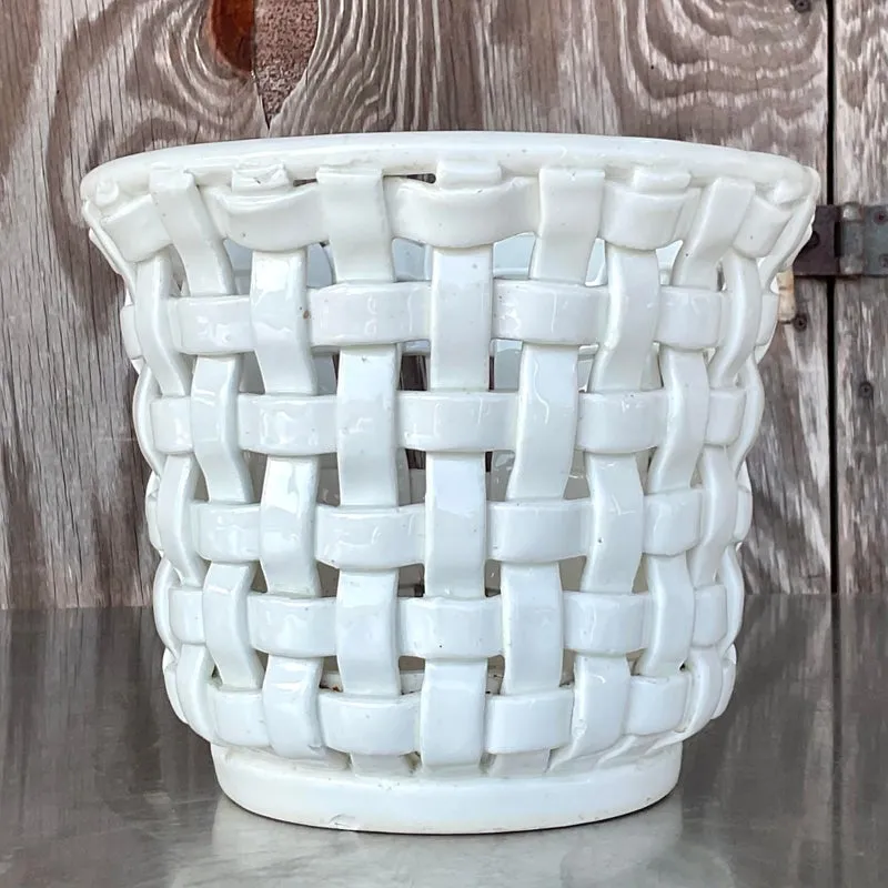 Vintage Regency Woven Glazed Ceramic Cache Pot — additional photo 1