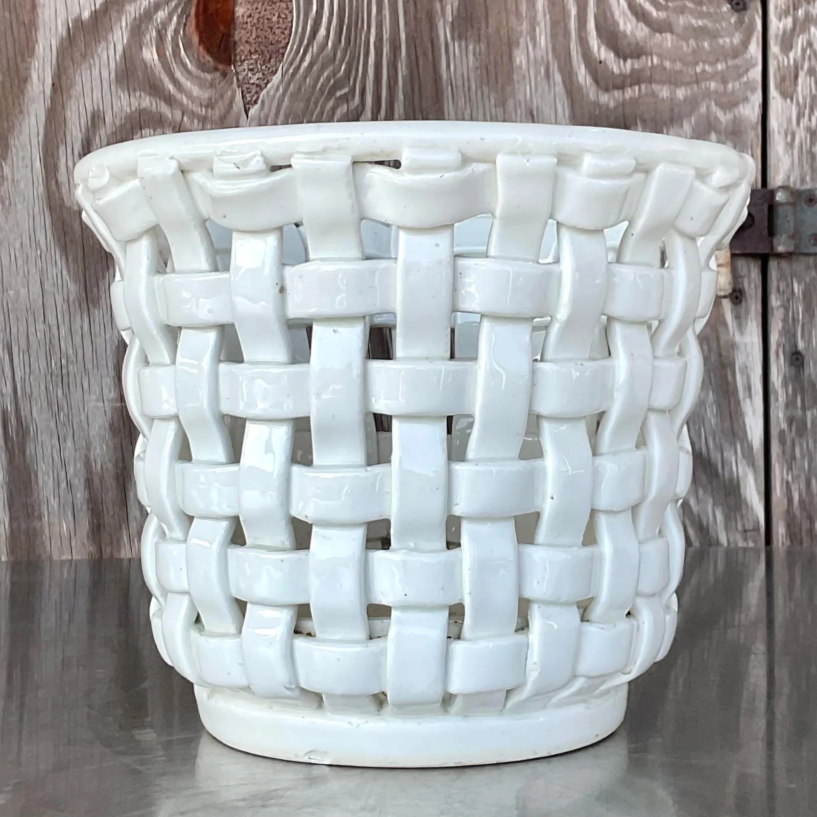 Vintage Regency Woven Glazed Ceramic Cache Pot — additional photo 2