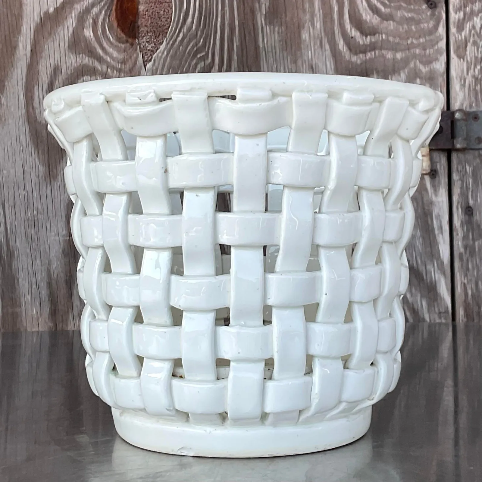 Vintage Regency Woven Glazed Ceramic Cache Pot — additional photo 3