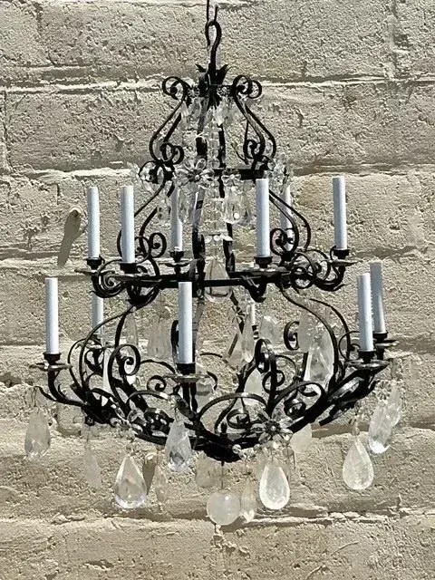 Vintage Regency Wrought Iron and Rock Crystal Chandelier