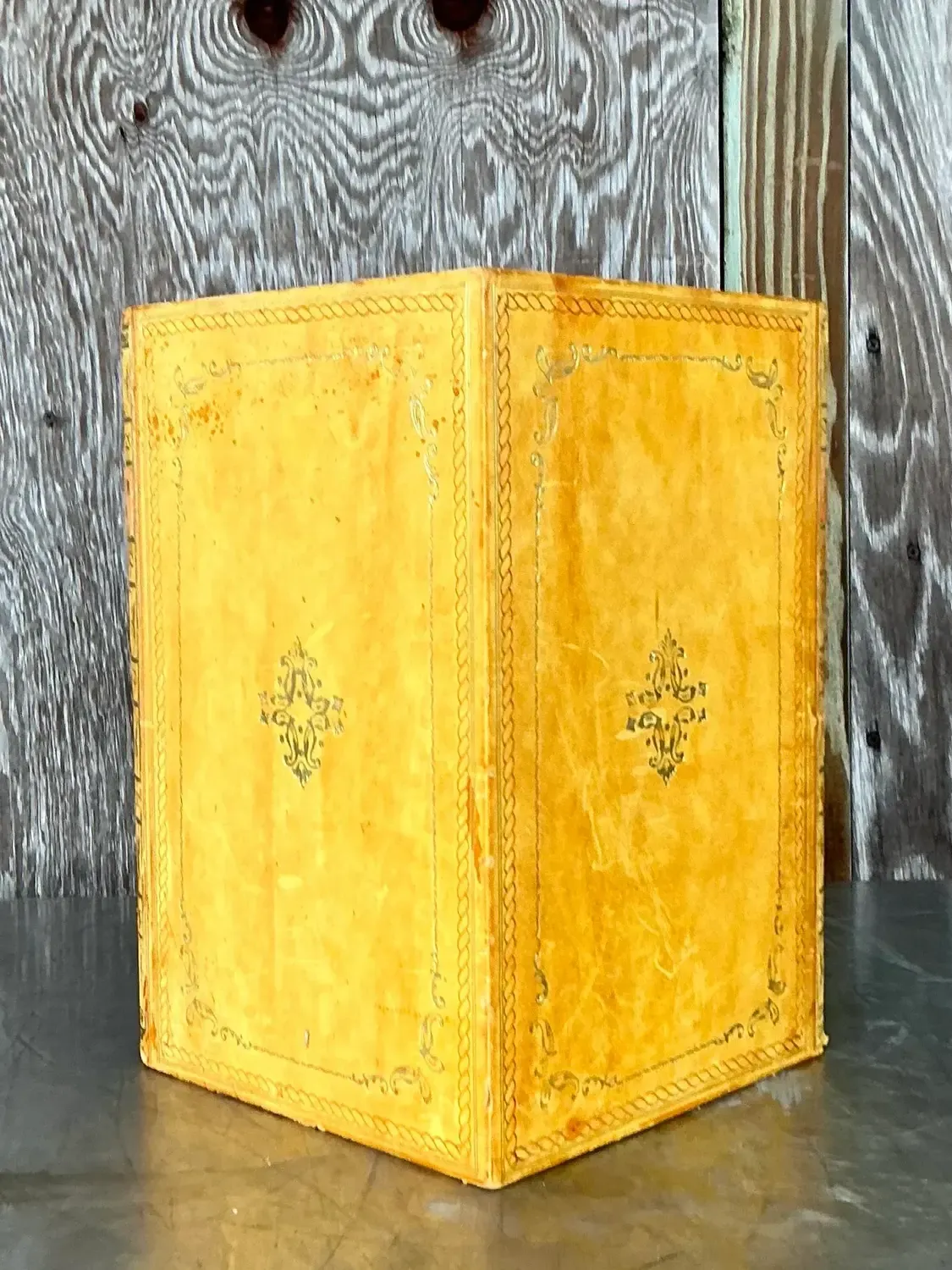 Vintage Regency Yellow Embossed Book Trash Can — additional photo 4