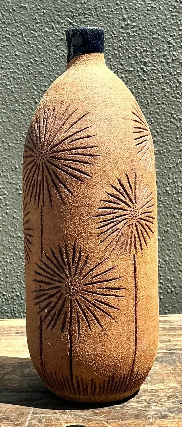 Vintage Scored Floral Studio Pottery Vase