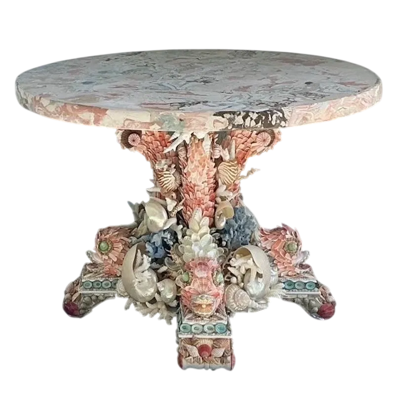 Vintage Shell Encrusted Center Hall Table With Scagliola Pigmented Plaster Top