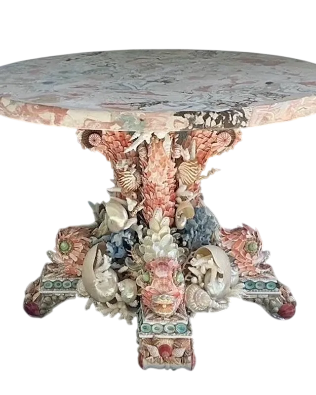 Vintage Shell Encrusted Center Hall Table With Scagliola Pigmented Plaster Top